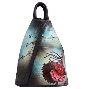 Hand-Painted Leather Triangle Black Backpack for Women, Top Handle Daypack Bag